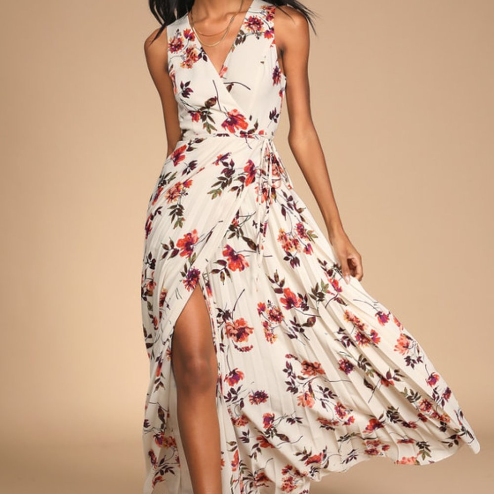 Lulus | Lindsie Ivory Multi Floral Print Pleated Wrap Maxi Dress | Size: XS